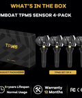 433MHz Tire Pressure Sensor Kit 4 Pack For GM Cars And SUVs Including Malibu, Cruze, Camaro, XT5, Acadia, Silverado, Traverse, Tahoe, Blazer, And More 2016 Through 2025 OE Style Sensor Set Plug And Play Ready To Install shown with box