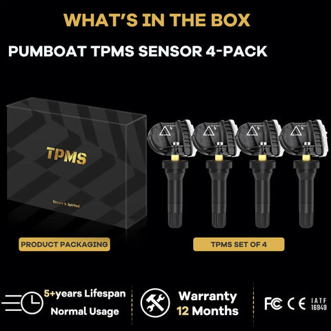 433MHz Tire Pressure Sensor Kit 4 Pack For GM Cars And SUVs Including Malibu, Cruze, Camaro, XT5, Acadia, Silverado, Traverse, Tahoe, Blazer, And More 2016 Through 2025 OE Style Sensor Set Plug And Play Ready To Install shown with box