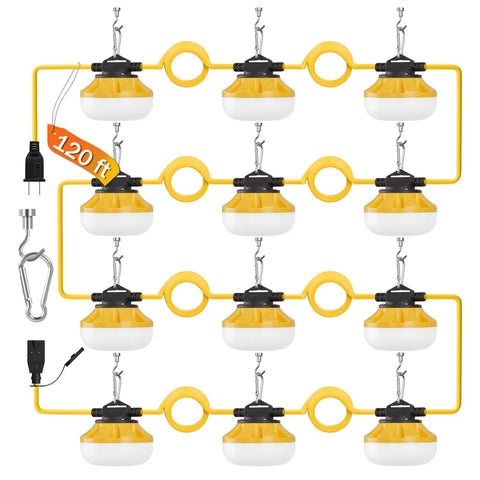 Heavy Duty 120Ft LED Construction String Lights with 12 Waterproof Bulbs, linkable work lights showing industrial-grade yellow hooks.