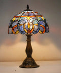 Tiffany Style Blue Purple Stained Glass Table Lamp For Reading And Decor, 12 Inch Shade, 18 Inch Tall, Antique Green Bronze Base, S558 Series