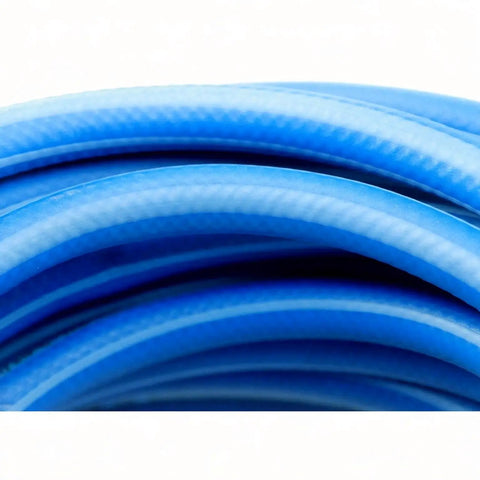 Close-up of blue Heavy Duty Compressed Air Piping Connectors Fit For Workshop Featuring Anti Marring Steel Inner Construction Brass Ends For Smooth Up To 300 PSI Flexibility Rock Solid Build Great For Garage Repairs Getting Stuff Done Fast When Needed.