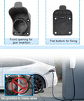 Wall-mounted EV Charger Holder showing front opening and flat bottom, in use with SAE J1772 electric vehicle for home and travel.