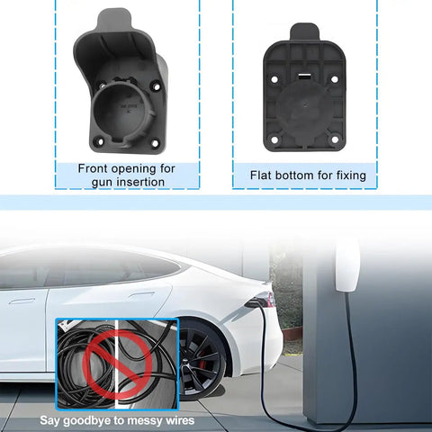EV Charger Holder And Cable Hanger For SAE J1772 Electric Vehicles, Wall Mount Dock shown in use with car, front and back view
