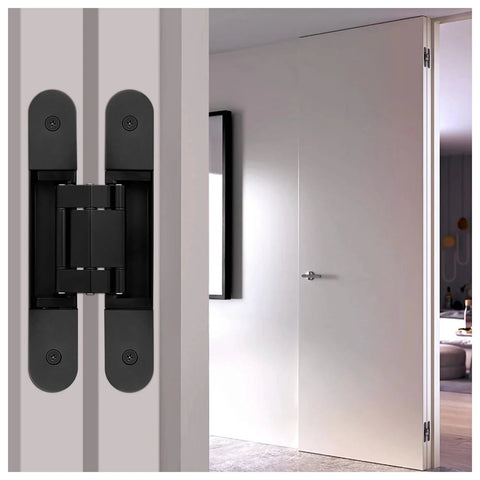 Concealed Door Hinges For 180 Degree Swing, 3 Way Adjustable, Black 6 Inch Pair installed in modern interior doorframe