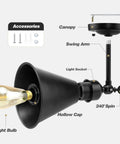 Two Pack Industrial Vintage Modern Matte Black Wall Sconces With Adjustable Swing Arm 180 Degree Tilt exploded view components