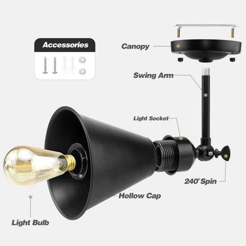 Two Pack Industrial Vintage Modern Matte Black Wall Sconces With Adjustable Swing Arm 180 Degree Tilt exploded view components