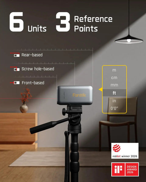 3 In 1 Digital Tape Measure With Laser Distance And Green Cross Line Laser, 165ft Laser Range, 9.8ft Digital Tape With Millimeter Precision, Built For DIY, Construction, And Home Projects. unit shown with 6 units and 3 reference points