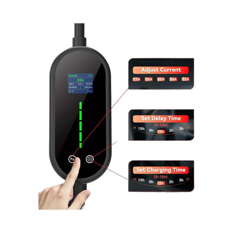 Kick Your Range Up With This Beefy 32 Amp 7Kw Level 2 Evse Portable Charger featuring J1772 plugs, with user interface showing settings.