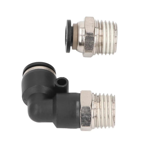 Check Out This Badass Pneumatic Fittings Kit With Push Lock Air Hose Connectors That Crush High Pressure Up To 145Psi For All Your PU PA PE PVC Pipes In Dope Industrial Setups Today. black and silver push lock pneumatic fittings, elbow and straight