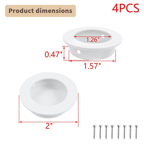 Recessed Cabinet Pulls 2 Inch Round White Flush Door Pulls Stainless Steel Finger Handles with screws, 4 Pack product dimensions