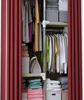 Portable Hanging Closet Wardrobe Organizer With Heavy Duty Fabric Build And Slick Quick Setup For Shoes Hats And Coats A Premium Space Saving Storage Rack In Bright Yellow Finish, interior view with shelves and clothes.
