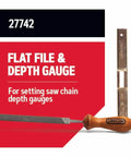 Oregon 27742 depth gauge tool with flat file for chainsaw chain; metal gauge and wooden-handled file.