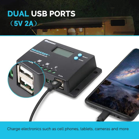 10 Amp 12V and 24V PWM Negative Ground Solar Charge Controller With LCD Display, dual USB ports, charging phone