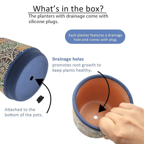 Close-up of Three Piece Ceramic Plant Pots Set With Drainage Holes showing silicone plugs and hole design.