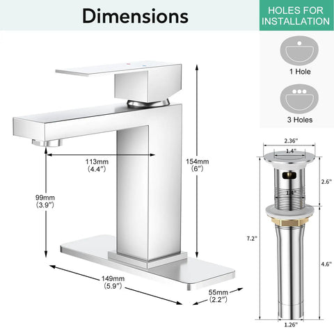 Dimensions of Polished Chrome Bathroom Faucet Single Handle Stainless Steel Solid 304 Build With Honeycomb Aerator Easy Install