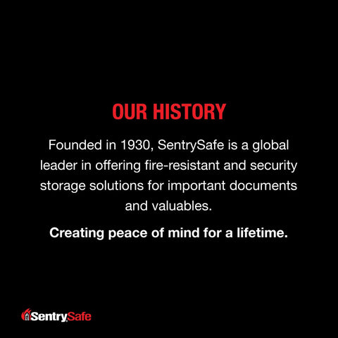 Text about SentrySafe's history highlighting fire-resistant security since 1930 against a black background.