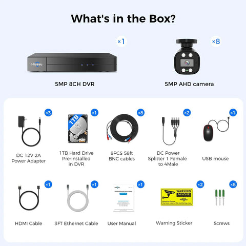 Contents of the 3K Wired Outdoor Security Camera System for home security, including DVR, cameras, hard drive, cables, and accessories.