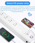 ZigBee Smart Power Strip Surge Protector With Four Independently Switched Outlets And Two USB Ports Requires Smart Hub For No Sweat Alexa And Google Voice Control In Clean White next to charging smartphones.
