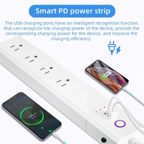 ZigBee Smart Power Strip Surge Protector With Four Independently Switched Outlets And Two USB Ports Requires Smart Hub For No Sweat Alexa And Google Voice Control In Clean White next to charging smartphones.