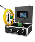 Heavy Duty Drain Inspection Camera With 7 Inch IP68 Waterproof Screen and LED Borescope in a carrying case with a yellow cable.