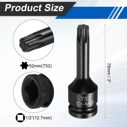 Torx Bit Socket T52 One Half Inch Drive, 2 Pack, Chrome Molybdenum Steel Impact Sockets, 6 Point Star Bits With Cotter Pins