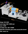 Industrial Grade 750W Mini Table Saw Featuring Integrated Polisher With Rapid Speed Knob Delivers Hella Accurate Bench Lathe Function For Clean Wood And Metal Work, shown from side view with dimensions.