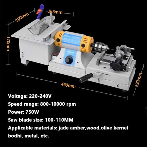 Industrial Grade 750W Mini Table Saw Featuring Integrated Polisher With Rapid Speed Knob Delivers Hella Accurate Bench Lathe Function For Clean Wood And Metal Work, shown from side view with dimensions.