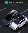 Two cars shown with a built-in G-sensor illustration for Dual Front And Rear Dash Cam For Cars With 1080P HD Recording, 170 Degree Wide Angle.