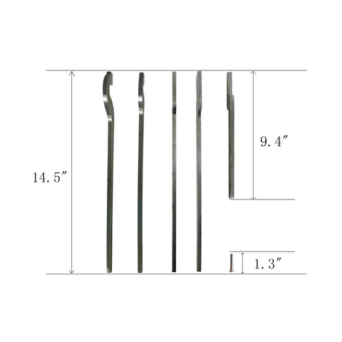 DIY Five Piece Blacksmith Tong Set Bundle For Newbie Builders With Stainless Rivets shown with size dimensions
