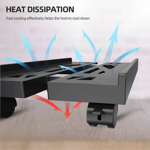 Adjustable Mobile CPU Stand With Ventilated Design, Four Casters Keeps Your PC Off The Floor, side view, black with airflow arrows