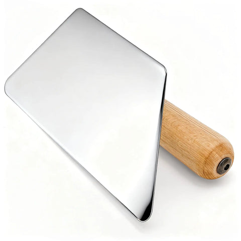 Three Piece Venetian Plaster Trowel Set With Stainless Steel Finishing Trowels And Wooden Handles, a trapezoidal trowel on white background