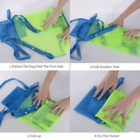 Folding process of XL Mesh Beach Bag Tote for Kids and Family Ultra Lightweight See Through Bag for Toys Towels Swim Gear