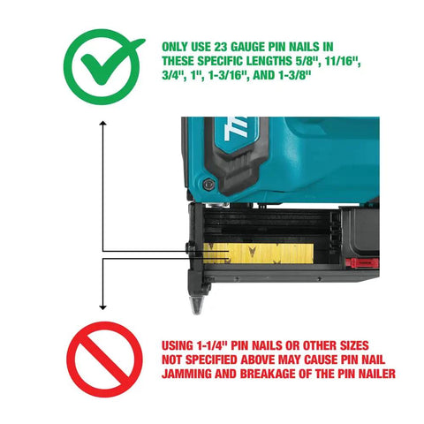 18V LXT Lithium Ion Cordless 23 Gauge Pin Nailer Tool Only Renewed With Sweet Low Recoil Build showing pin length specifications.