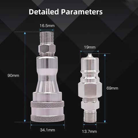 Detailed view of Two Pack M14 to M16 Heavy Duty Hydraulic Quick Connect Adapters with metric dimensions labelled for clarity.