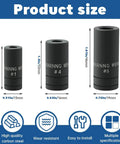 Product sizes of 70500 Tap Socket Set with three black sockets depicting diameters of 13mm, 16mm, and 19mm made from carbon steel.