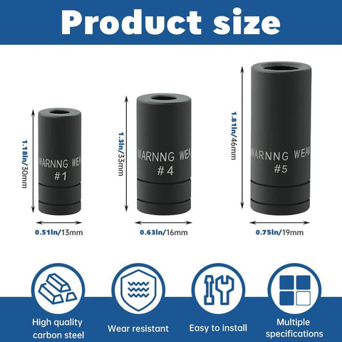 Product sizes of 70500 Tap Socket Set with three black sockets depicting diameters of 13mm, 16mm, and 19mm made from carbon steel.
