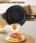Mini Electric Pot With Nonstick 2L Capacity, Sauté And Steam Function frying an egg, showcasing its nonstick coating in a kitchen.
