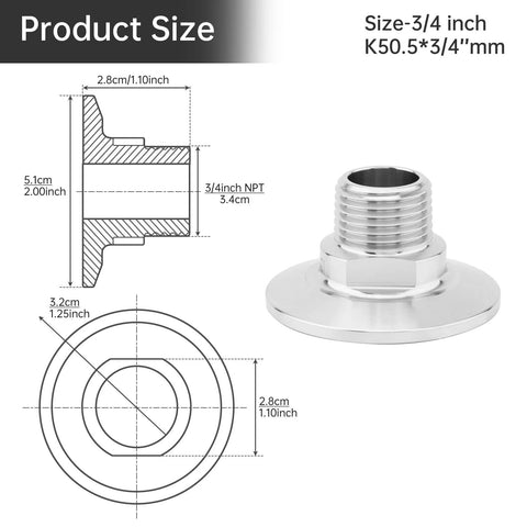 CLAHJQX 1.5in tri-clamp to 3/4in NPT male sanitary fitting in 304 stainless steel, shown as diagram and product photo.