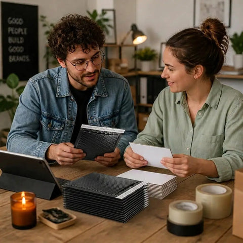 Two people discussing with 302 Pcs Trading Card Shipping Supplies Kit Ready To Ship With Heavy Duty Bubble Mailers And Card Sleeves on table.