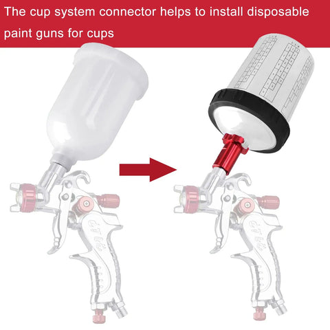 All In One HVLP Automotive Spray Gun Kit With 3 Nozzles 1.4 mm 1.7 mm 2.0 mm 600cc Cup And Cup System Connector DIY Friendly For Cars Fences And Furniture Red with cup system connector installation shown.