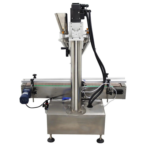 Slick Automatic Desktop Filler For Powders And Granules Featuring Chain Conveyor And Digital Scale 110V in stainless steel design.