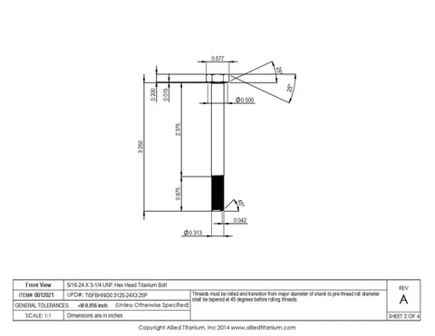 Top Tier Pack Of Three Titanium Hex Head Bolts 5/16-24 X 3-1/4 Unf Grade 5 Ti-6Al-4v technical drawing dimensions