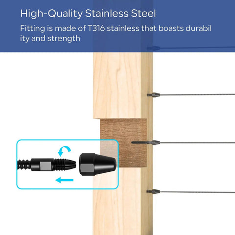 Black QuickLock Deck Wire Railing Kit with T316 stainless steel tensioners and swage lag screws on wood post for easy install