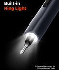 Close-up of the 80-In-1 Mini Electric Precision Cordless Screwdriver with built-in LED ring light and visible screwdriver bit.