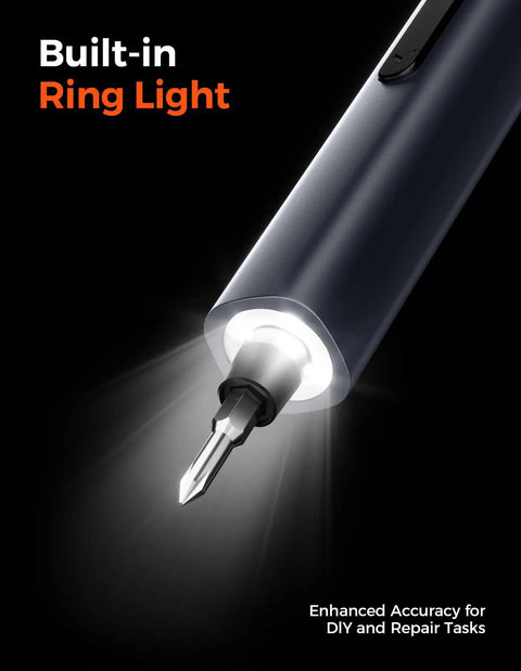 Close-up of the 80-In-1 Mini Electric Precision Cordless Screwdriver with built-in LED ring light and visible screwdriver bit.