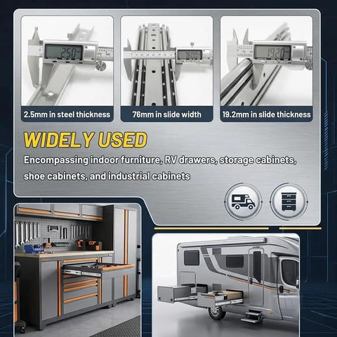 Locking Drawer Slides Heavy Duty Full Extension, 500 Pound Capacity, Ultra Wide 76mm Rails, Rust Proof Blue Zinc Coated Steel, Beefy Cold Rolled Steel Construction, Smooth Quiet Action For Workbenches, Tool Chests And Heavy Drawers, 76mm width