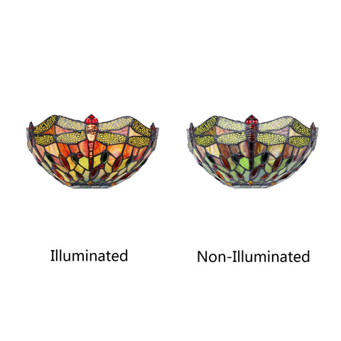 Dragonfly Tiffany Style Wall Sconce In Dark Bronze Dope Multicolor Glass 12 Inch showing illumination differences.