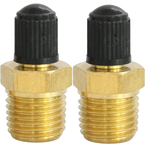 Close-up of 2 Pack Schrader Tank Valves With One Quarter Inch Npt Male Threads For Air Compressor Tanks Brass Body Cap Included Core Heavy Duty