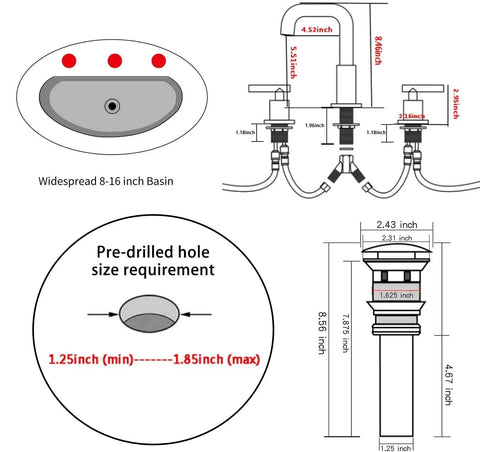 Diagram of 360 Degree Swivel Spout 8 Inch Widespread Two Handle Bathroom Faucet In Antique Brass With Pop Up Drain Deck Mounted Setup