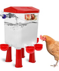 Automatic Chicken Waterer with Float Valve, red base, standing design, connects to three quarter inch faucet, chicken drinking